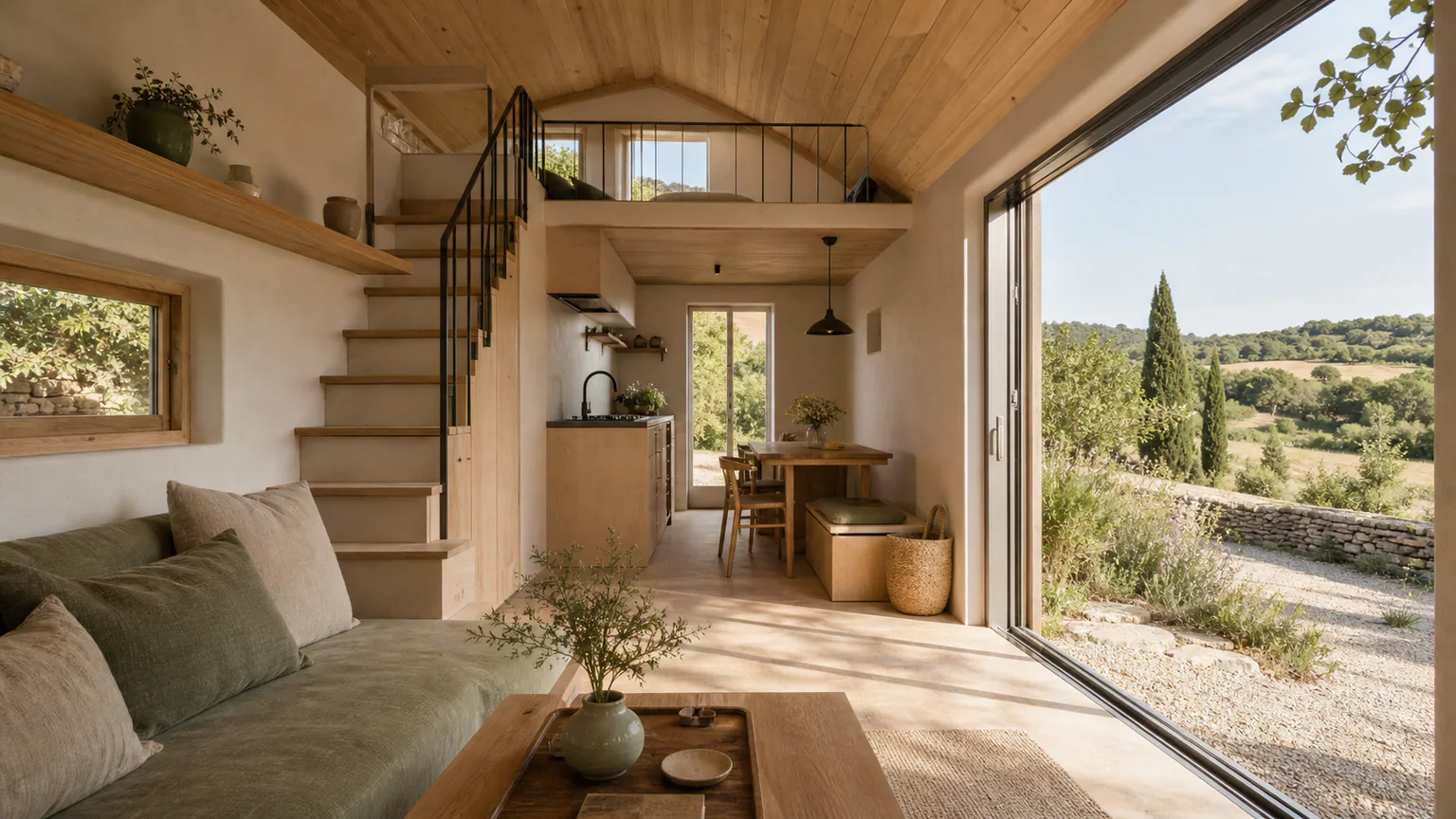 Intérieur lumineux de tiny house en bois clair et tons naturels